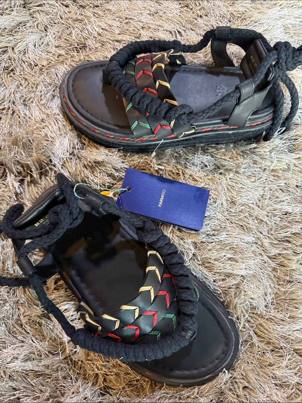 Farm Rio Black Rope Tie Flatform Sandal